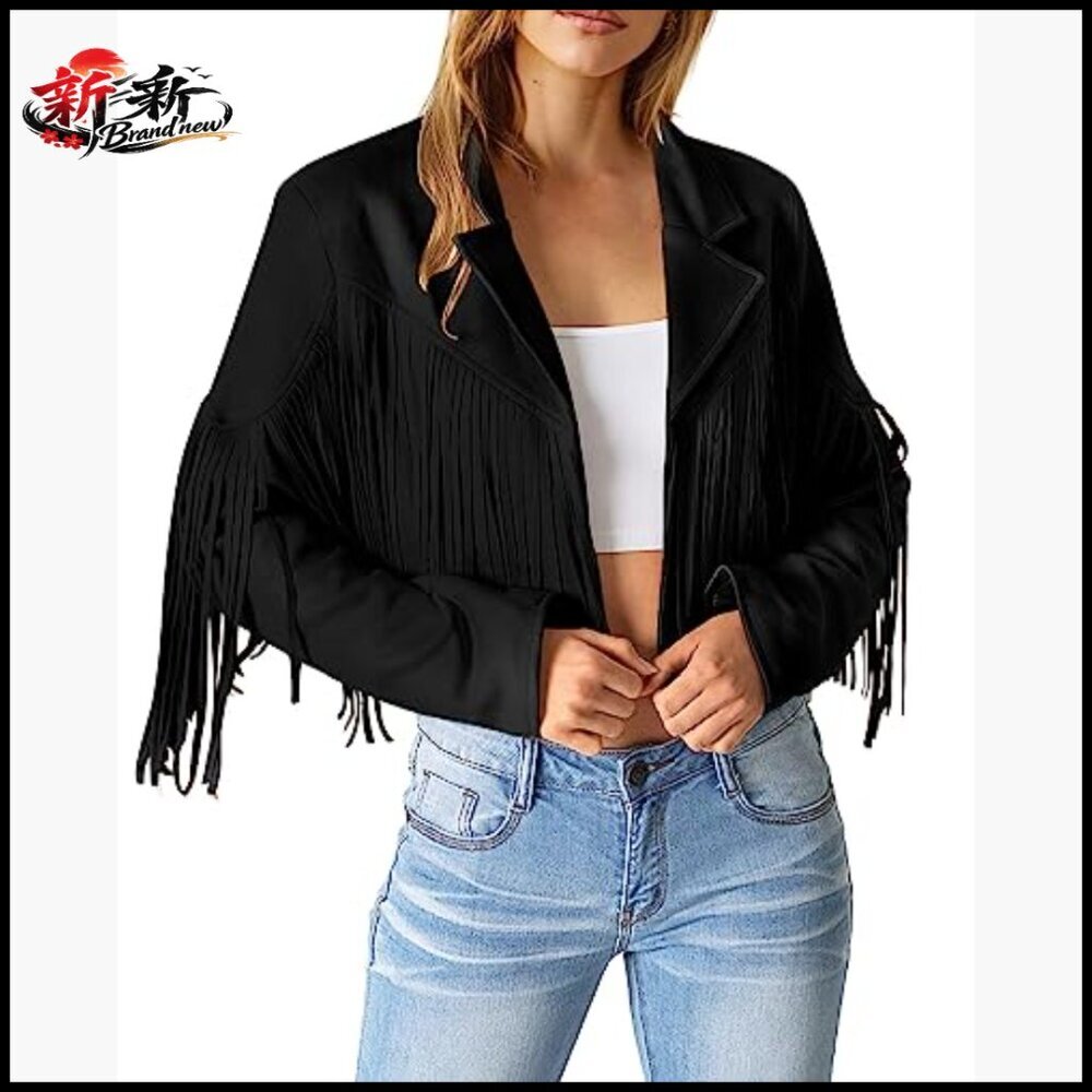 Faux Suede Fringe Cropped Jacket Motorcycle Style - Picture 2 of 7